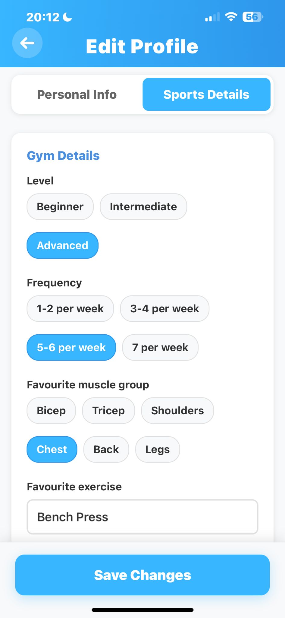 MoveMatch Profile Sport Selection