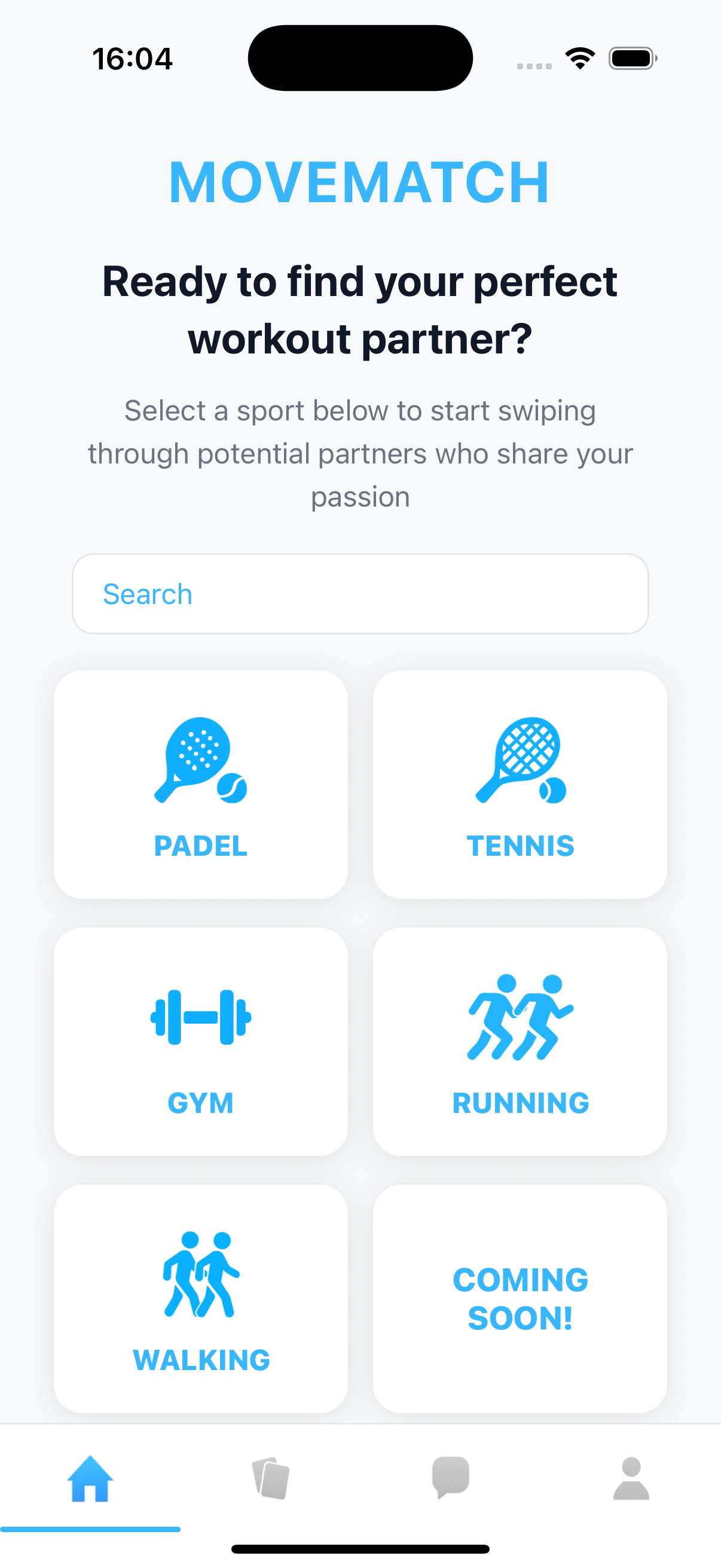 MoveMatch Sport Selection Screen